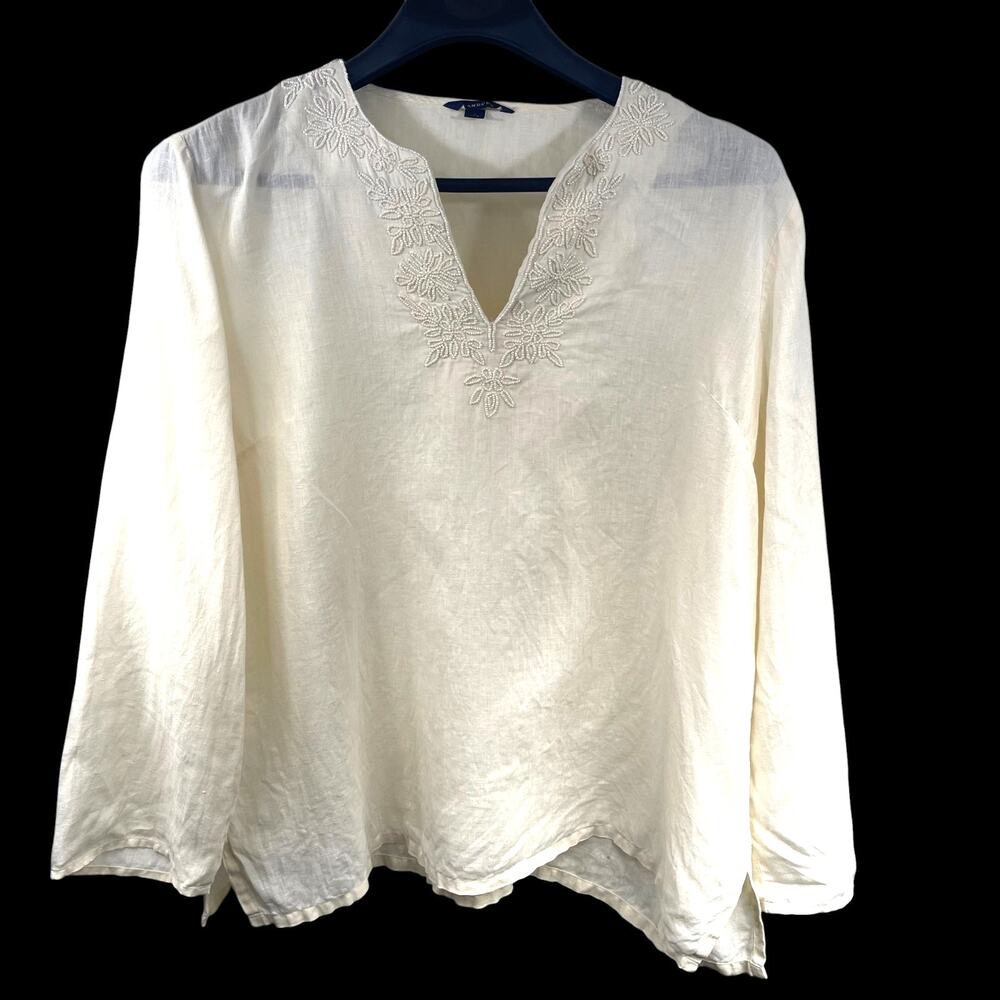 Lands’ End Linen Beaded Top Women Sz L 14-16 Cream Boho Festival Travel Beach